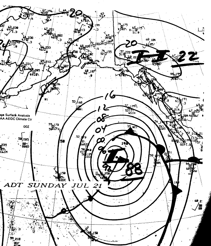 Surface analysis chart of the Gulf of Alaska for Sunday 21 July 1991, showing the Aleutian Islands on the upper left, Alaska and Canada on the upper right, and Vancouver Island on the right. Catherine Estelle's position at this time was 53° 15' 42" North, 142° 36' 09" West, which would place her right in the center of the LOW. Note the 2200 mb HIGH to the north. (Courtesy of University of Alaska).