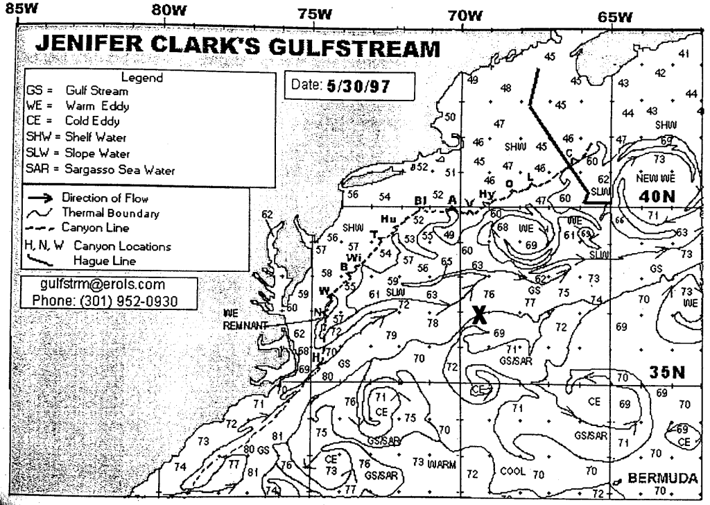 NOAA chart of the Gulf Stream for 30 May 1997.  X marks the location of Overdraft. (Courtesy of JENIFER CLARK'S GULFSTREAM).