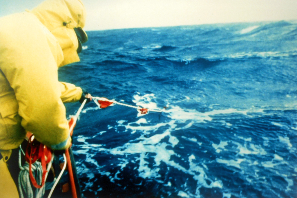 Taken in the waters off Punta Arenas, Chile. Mark Eichenberger test-deploying the Jordan series drogue supplied by Victor Shane of Ned Gillete's Antarctic row - see File S/R-1 (Ned Gillete photo)