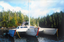 Spirit of Tsitika of Victoria, BC. This Kantola trimaran uses a 24-ft. diameter surplus parachute to heave-to offshore. "...we opted to set the chute, rather than continue beating to windward in those conditions. As soon as we were deployed the wind increased to 45 kts. and gusting higher, with a steep, short chop (8-10 ft.) on top of a large westerly swell of about 12-15 ft." (Gary Cagné photo). 